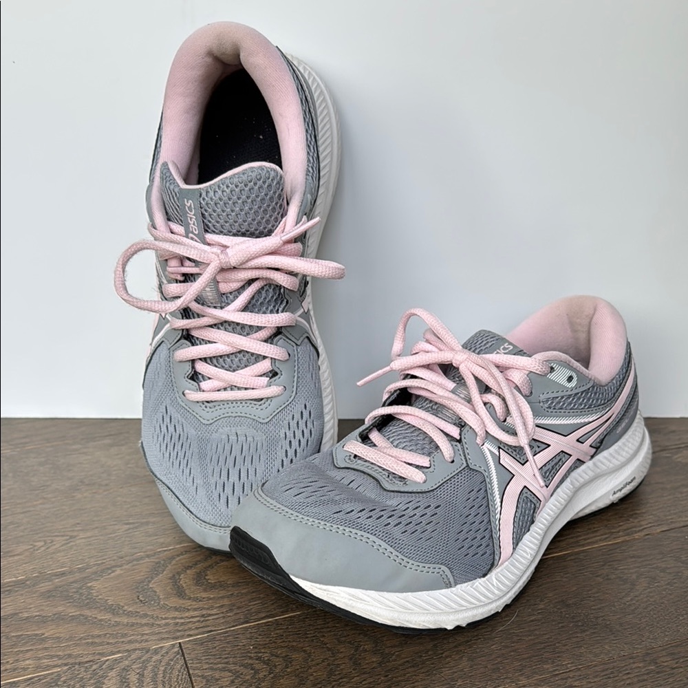 ASICS Gray and Pink Athletic Shoes with Cushioning